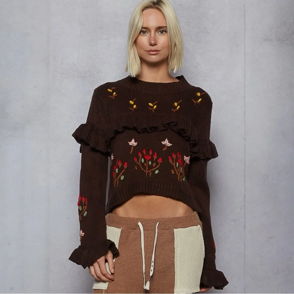 NWT POL Brown Floral Ruffle Sweater